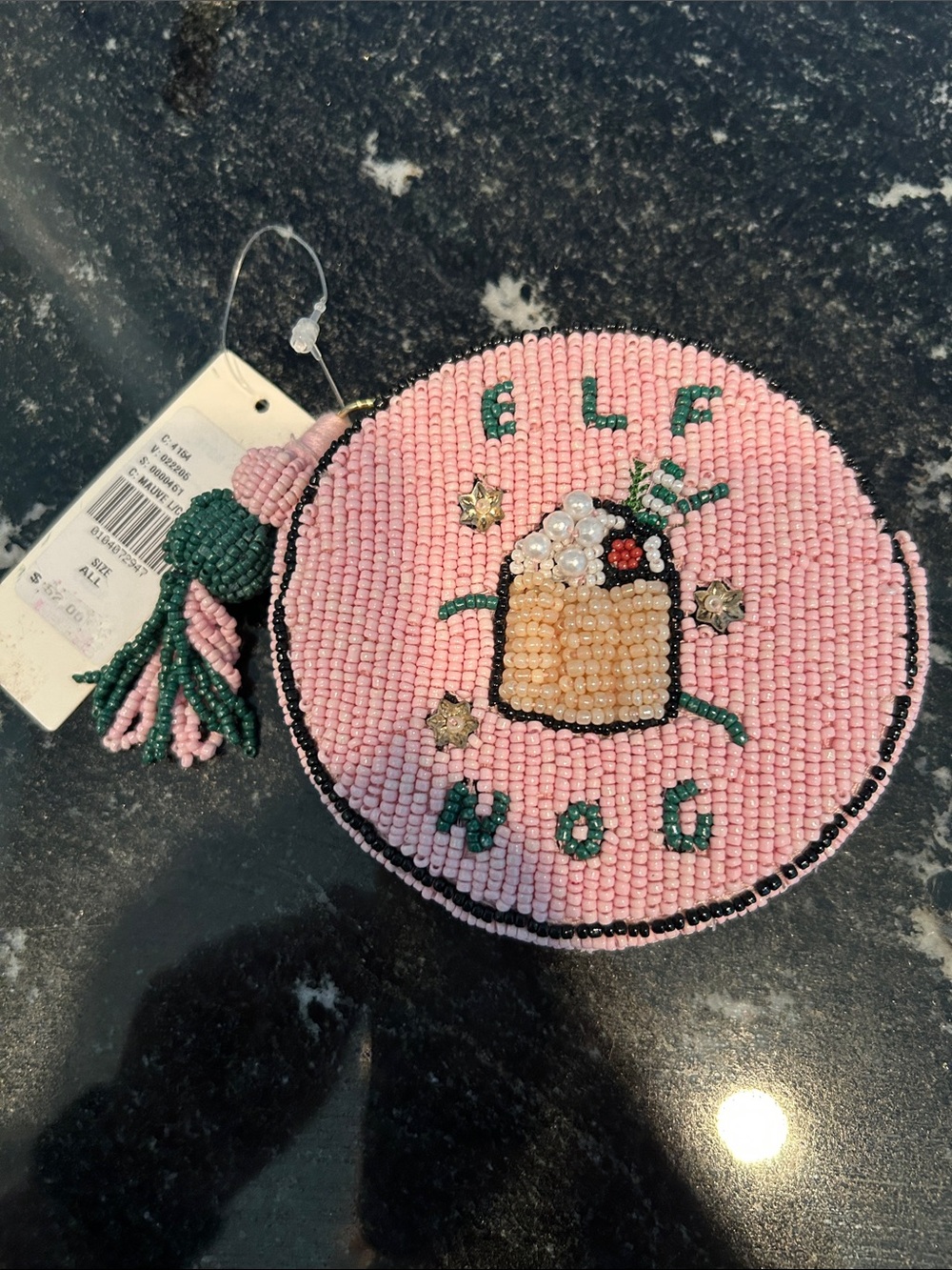 Anthropologie Pink and Green Beaded Round Coin Pouch with Tassel